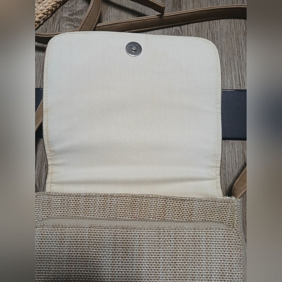 Tan Crossbody Bag with Leather Trim and Flap Closure - Picture 10 of 16